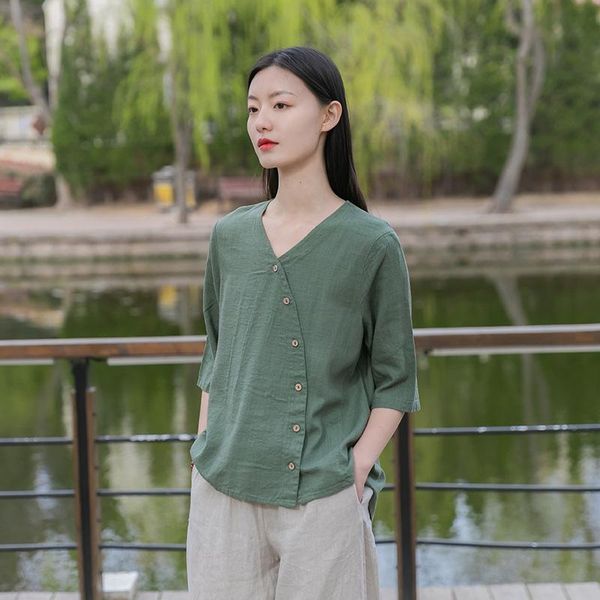 

women's blouses & shirts fairynatural ladies v-neck linen loose vintage short sleeve 2021 summer women leisure solid color, White