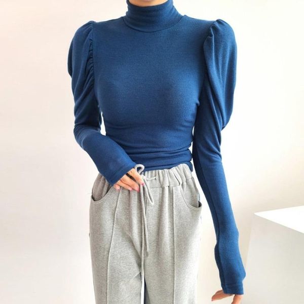 

women's sweaters turtleneck puff long sleeve bottoming tshirts korean fashion pullover sweater 2021 autmn winter solid elastic woman, White;black