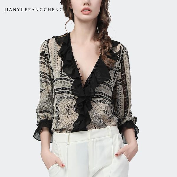 

women's blouses & shirts chiffon irregular geometry print women fashion spring summer ruffles v-neck loose casual plus size female shi, White