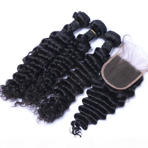 

8a brazilian deep wave curly hair 3 bundles with closure middle 3 part double weft human hair extensions dyeable human hair weave, Black