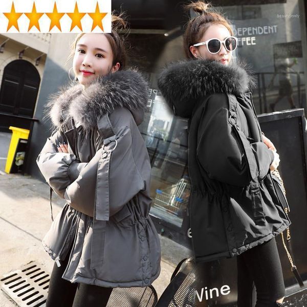 

women's down & parkas jacket woman hooded winter big fur collar coat women parka short thick korean overcoat casacas para mujer, Black