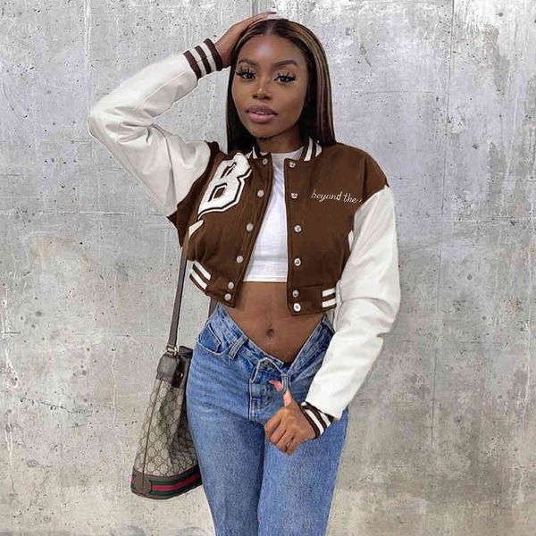 

women's jackets jaquetas para as mulheres gato retalhos curto outono winterjackets feminino casual carta impressÃ£o casaco de beisebol v, Black;brown
