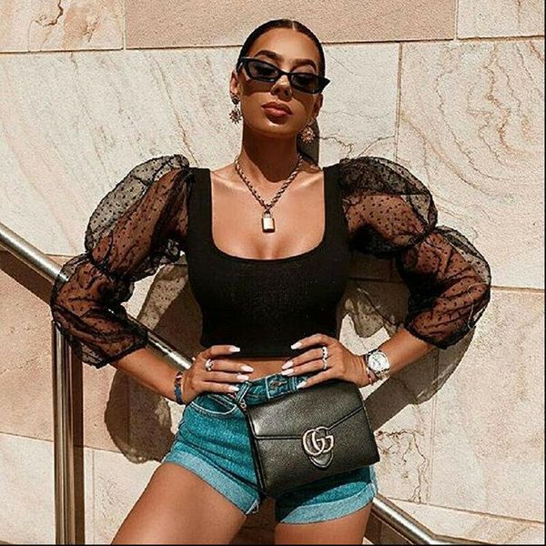 

fashion women see through mesh sheer blouse puff sleeve mesh night club wear transparent shirt blouses, White