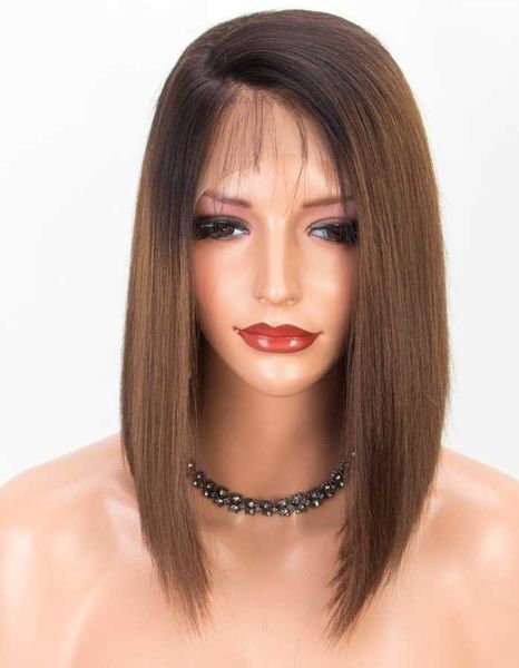 

dark brown bob human s straight short virgin malaysian hair gluels lace front wig ombre two tone #1b/#4, Black