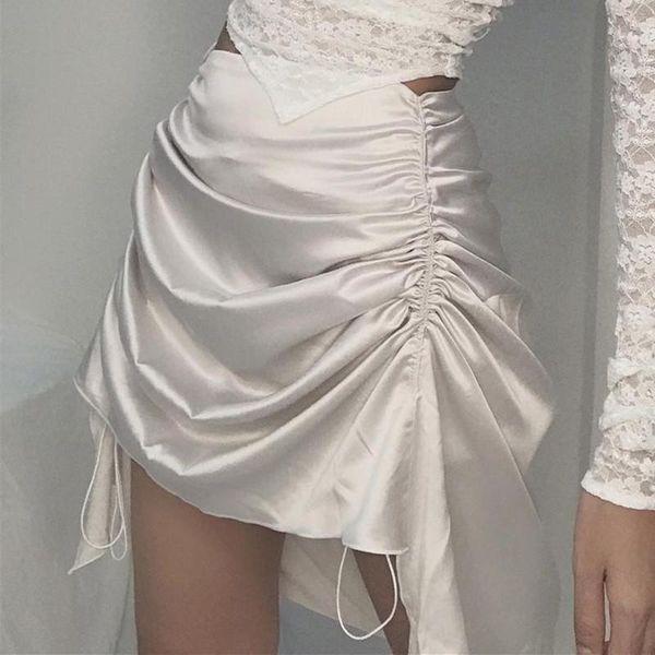 

skirts women satin skirt drawstring solid black white high waist a-line ladies streetwear soft smooth 2021 female tight