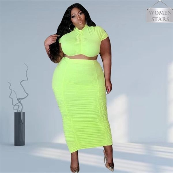 

plus size skirts sets women wholesale two piece solid drape short sleeve crop and maxi skirt matching drop 211106, Black