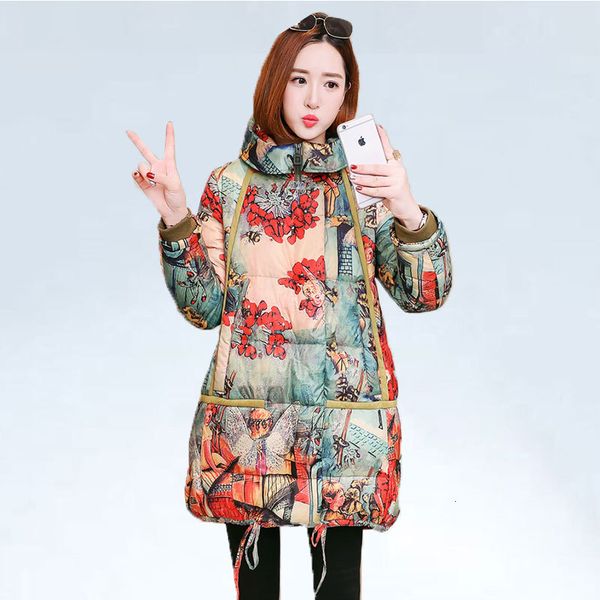 

printed down jacket women parkas winter white duck down coat thicken hooded female plus size warm long down coats, Black