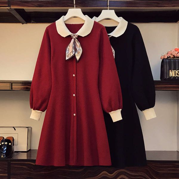 

large women's clothing 2020 fat mm autumn and winter show thin temperament waist dress age reducing sweater skirt, Black;gray