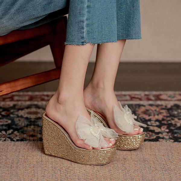 

dress shoes bow wedge platform heel sandals women sequin flower flip flop, Black