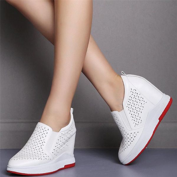 

boots 2021 platform pumps shoes women breathable genuine leather wedges high heel ankle female round toe summer fashion sneakers, Black