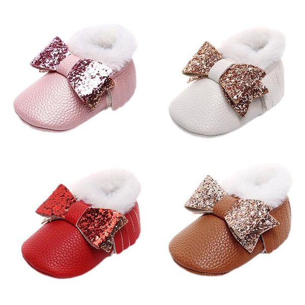 

first walkers girls shiny bow winter baby shoes plush tassel warm booties boys boots fur velvet for babies