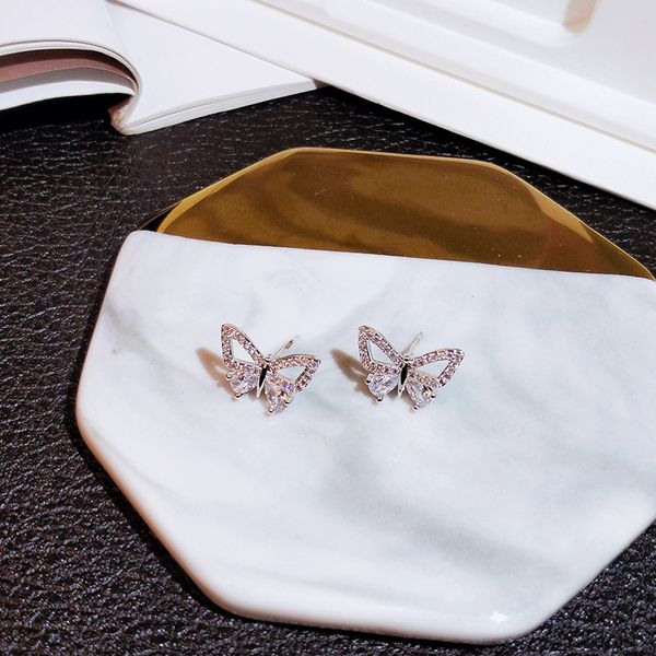 

utimtree luxury 925 sterling silver butterfly stud earrings for women cubic zirconiacrystal stud earring sterling-silver-jewelry brincos, Golden;silver
