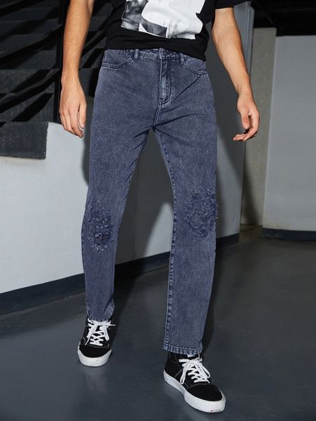 

men ripped washed tapered jeans b6ix#, Blue