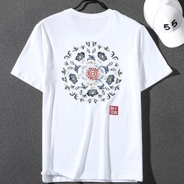 

men's t-shirts chinese-made embroidery summer thin short-sleeved loose round neck cotton pullover bottoming shirt floral all-matching, White;black