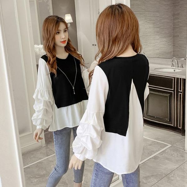 

women's t-shirt knitted patchwork fake two-piece women fashion lantern sleeved shirt sweater elegant office o neck pullovers jumper, White