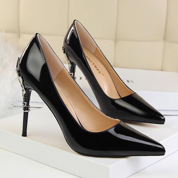 

dress shoes 2021 fashion metal heel women's stiletto high heels shallow pointy patent leather slim, Black