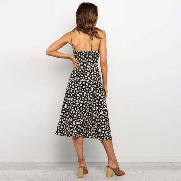 

2021 women's length new summer style mid printed suspender dress, Black;gray