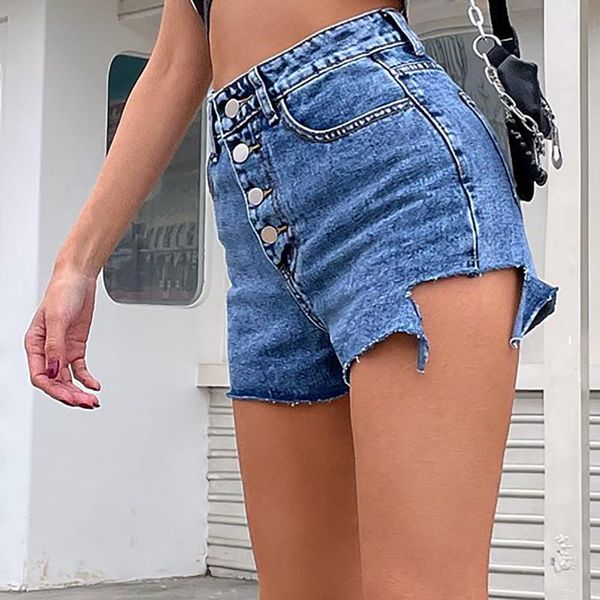 

women's jeans fashion shorts middle-waisted straight pocket hole short pants pantalons capris pantalon large femme taille haute, Blue