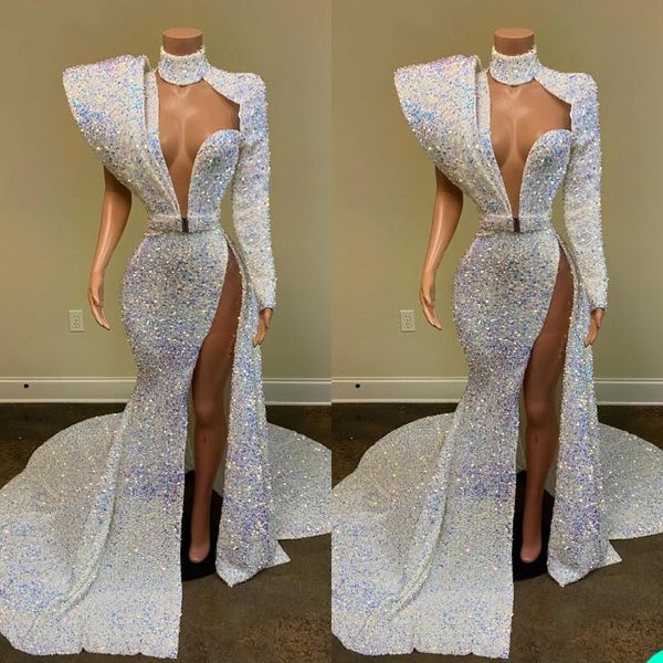 Luccicanti paillettes sexy sirena abiti da ballo colorati paillettes una spalla manica lunga spettacolo abito da sera 2022 elegante vestido de gala