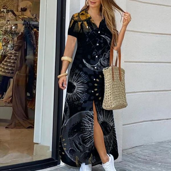 

casual dresses women elegant lapel neck button down dress 2021 summer print long shirt sleeve lady party vestidos mujer, Black;gray