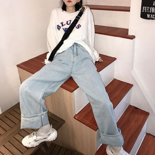 

women's jeans woman high waist pants jean women clothing boyfriend streetwear bf oversize wide leg trousers, Blue