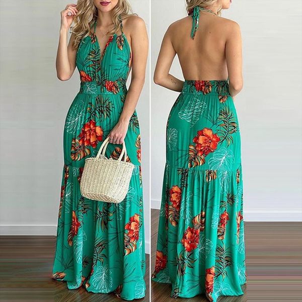 

boho beach summer spring women dresses tropical print halter backless maxi vacation sleeveless floral, Black;gray