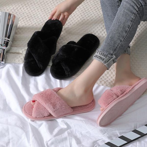 

slippers women home winter warm shoes woman slip on flats slides female faux fur 36-40 wholesale, Black