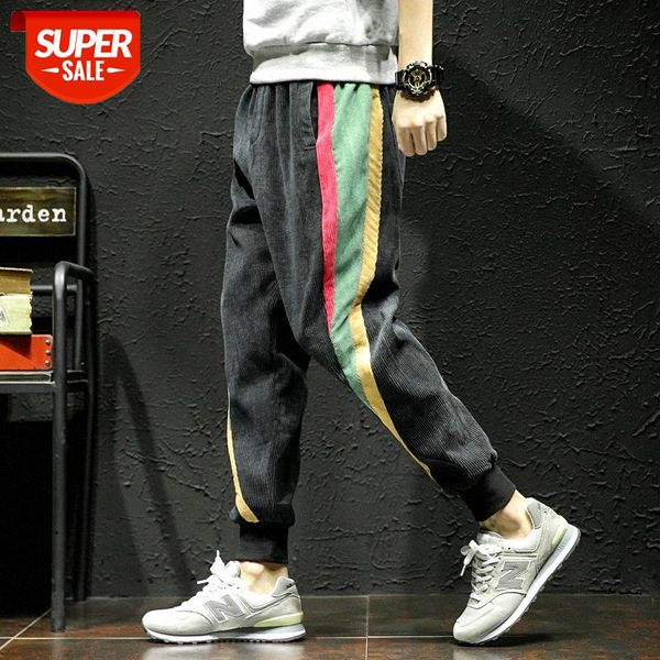 

corduroy pants men's loose harem japanese large size rainbow strip elastic casual #ri0j, Black