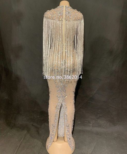 

sparkly crystals mesh long dress women evening party rhinestones dresses birthday celebrate outfit long sleeve fringes vestidos, Black;red