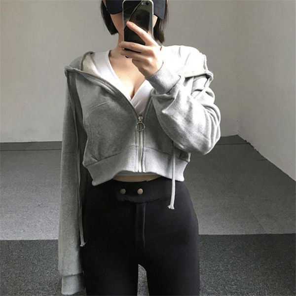 

women's hoodies & sweatshirts fashion women sweatshirt cool gym solid crop hoodie long sleeve jumper hooded zipper coat casual girl, Black