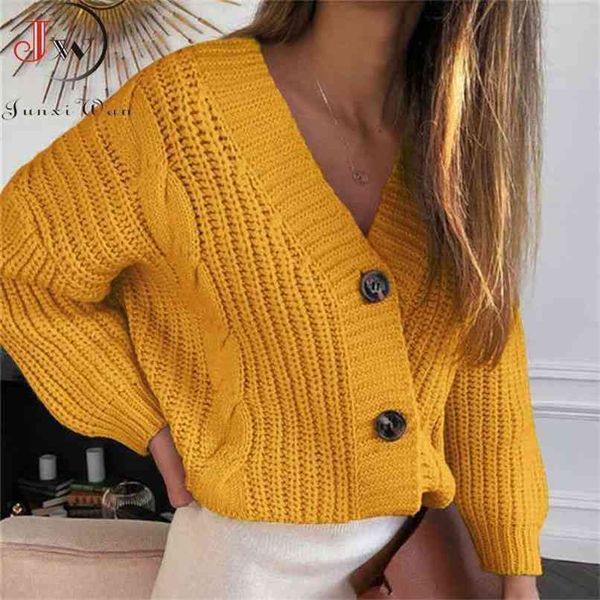 Kadınlar Kısa Hırka Örme Kazak Sonbahar Kış Uzun Kollu V Boyun Jumper Hırka Rahat Streetwear Moda Çekin Femme Coat 210914