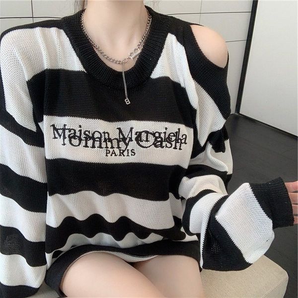 

men's polos female pullovers autumn streetwear embroidered letters casual stripes loose korean couple's clothes t06j, White;black