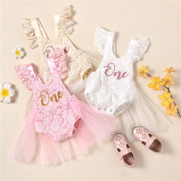 Baby Mädchen ersten Geburtstag Party Spitzenkleid niedlich ärmellose Brief drucken Overalls Säugling Tutu Kleider Baby Mädchen Taufe Kleidung 210317