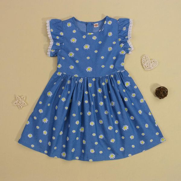 

girl's dresses 2022 children daisy print denim dress infants toddler girls flying sleeve large hem o-neck with lace outfits for 2-7t, Red;yellow