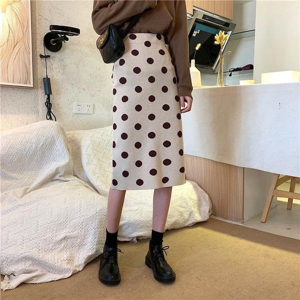 

2021 spring and summer women polka dot apricot skirt cream-colored black long skirts offcie cotton midi skirt
