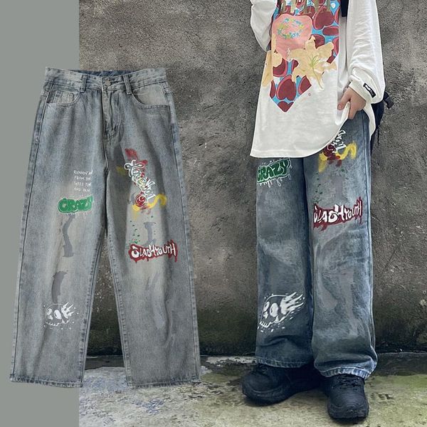 

men's jeans vintage graffiti men loose denim pants streetwear straight hip-hop women plus size washed casual high street punk, Blue