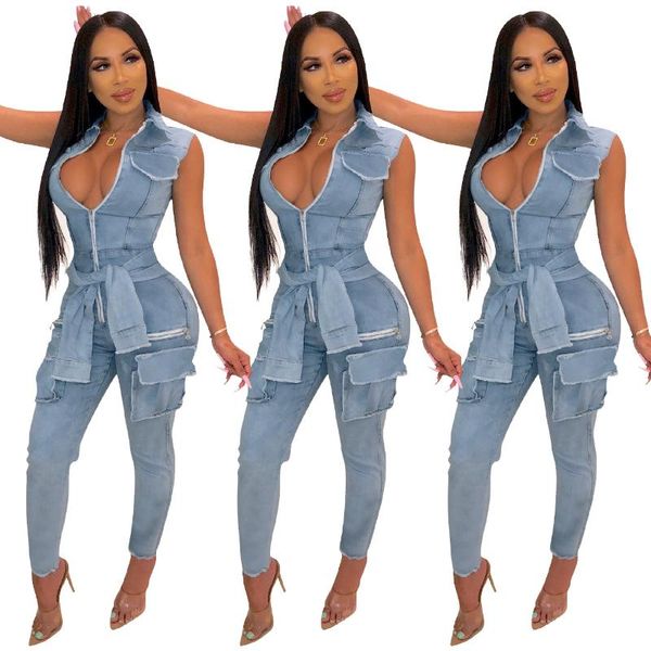 

cutubly zipper up casual jumpsuit denim club jumpsuits for women 2021 sashes playsuit turn-down collar jean romper clubwear, Black;white