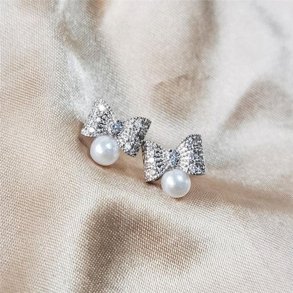 

stud romantic bowknot cubic zirconia & imitation pearls earrings for women wedding party jewelry wholesale drop, Golden;silver