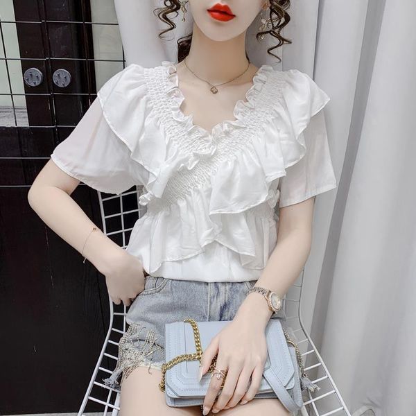 

women's blouses & shirts summer short-sleeved shirt women 2021 lotus leaf design sense niche slim v-neck top, White