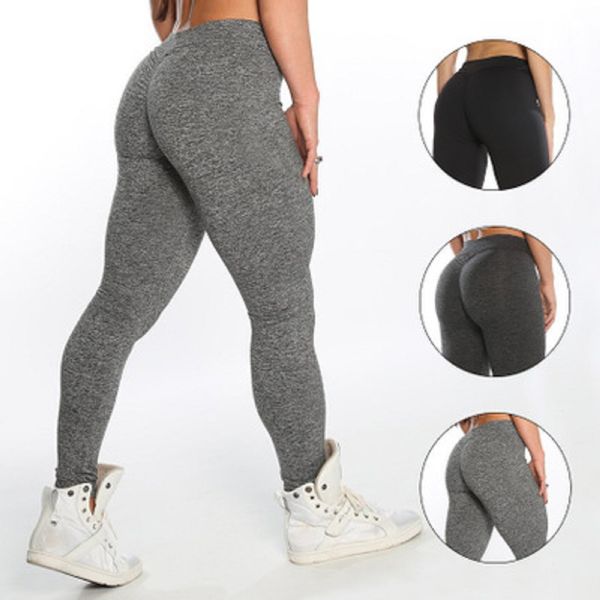 Schnell trocknende Damen-Hosen, Gym-Leggings, Booty Enhancer, Scrunch-Leggings, individuelle Fitness-Sport-Strumpfhosen, Po-Lifting, grau meliert, Yoga, Spandex