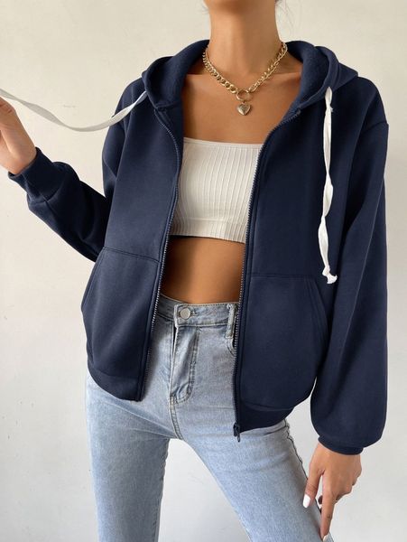 

solid zip front drawstring thermal hoodie n7i2#, White;black