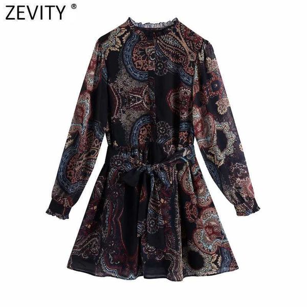 

zevity women vintage totem flower print mini shirt dress female agaric lace chic bow tied sashes casual court vestido ds4747 210603, Black;gray
