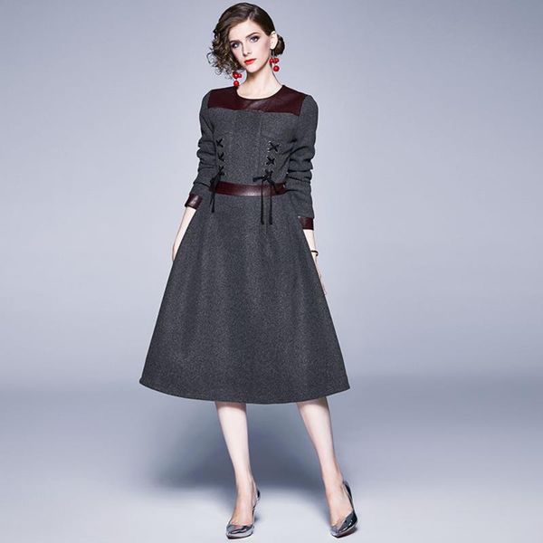 

casual dresses women autumn winter wool blend thick dress vintage a-line mid-calf patchwork high wasit office ladies elegant, Black;gray