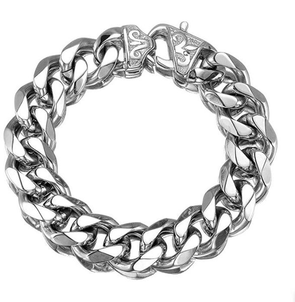 

13/15mm polishing silver stainless steel curb cuban link chain bracelet bangle men's vintage jewelry 8.66 inch, Black