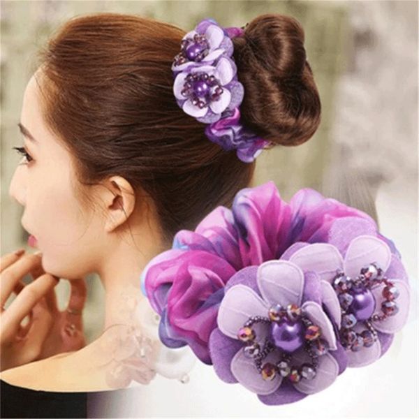 

6pcsnew korean elegant flower scrunchies women girls elastic hair rubber bands accessories tie ring rope ponytail holder headdress, Slivery;white