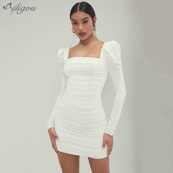 

solid basic slim packaging for summer square neck puff sleeve dress ruffle mini club party bodycon women 210527, Black;gray