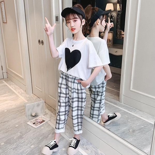 

clothing sets teenagers summer fashion girls short sleeve heart t-shirt + casual plaid pants 2pcs cotton children's clothes, White