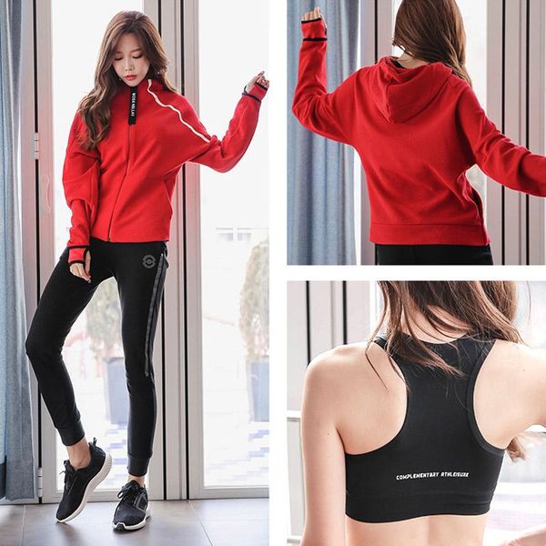

nice brand latest women yoga suit hooded jacket slim pants bra 3 pcs set gym white sport coat trousers female s  l xl xxl, White;red