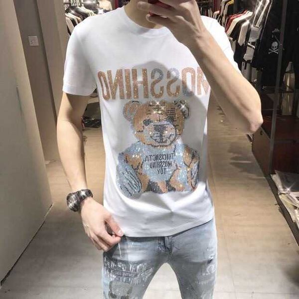

w0653 european quality t-shirt new fashion letters bear diamond youth handsome mercerized cotton tide t-shirt crew neck, White;black