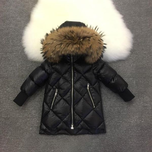 

down coat 2021 checkered black winter baby girls jackets real fur hooded warm boy snow outdoor windproof children outerwear clothes, Blue;gray